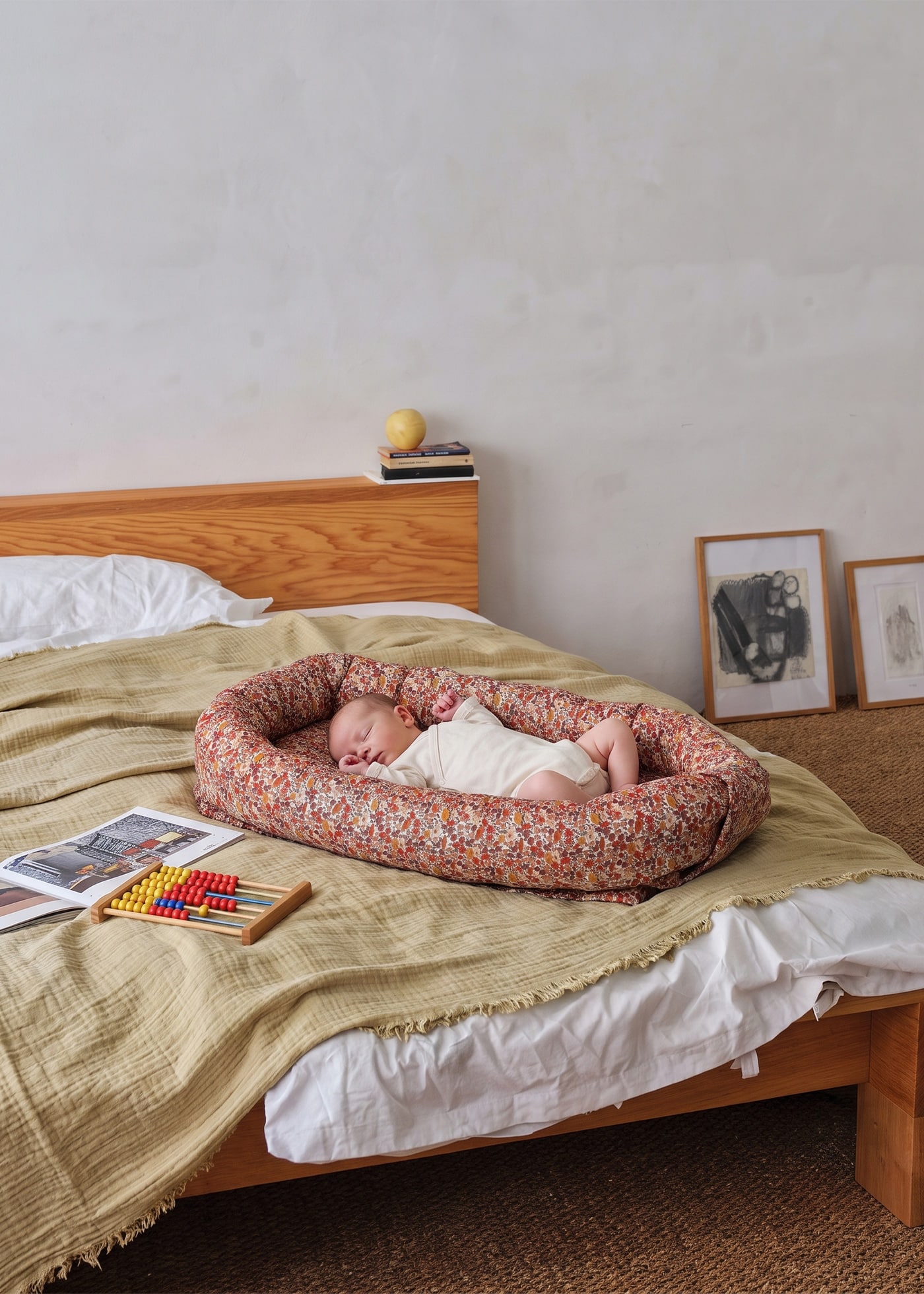 Schlafendes Baby im Babynest mit Blumenmuster auf einem Bett mit Musselindecke und Holzbettgestell
